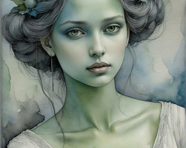Ethereal Portrait of a Young Woman with Green Skin
