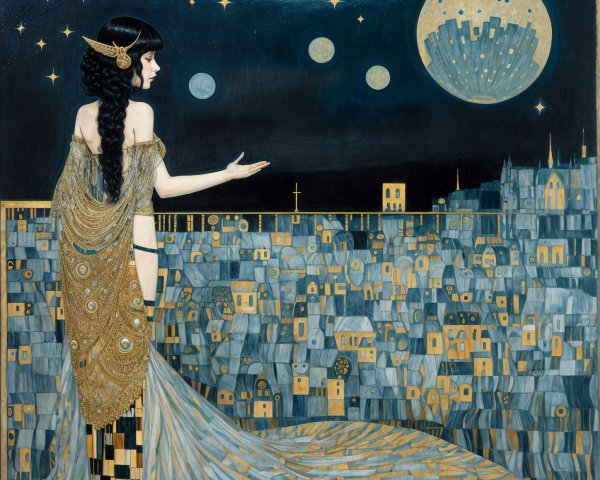 Graceful figure on balcony in ornate gold gown