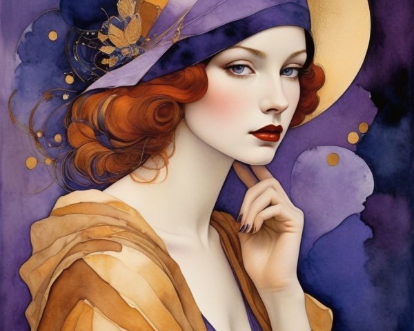 Woman with Red Hair in Purple and Gold Outfit