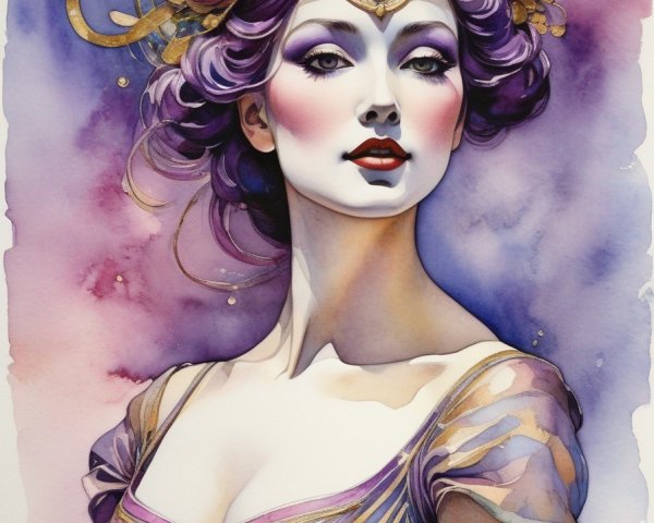 Woman with Purple Hair and Gold Headpiece in Watercolor Illustration