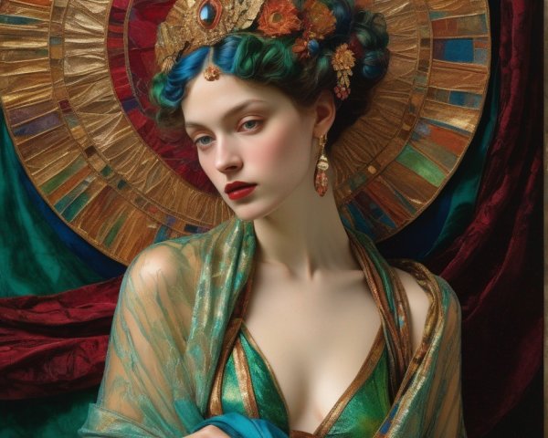 Woman in Renaissance-style costume with halo headdress in teal and gold fabric.