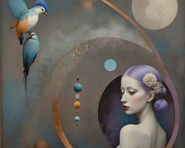 Dreamlike Scene of Young Woman with Lavender Hair