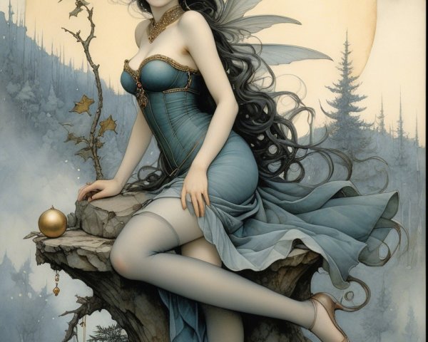 Mystical Fairy on Rocky Outcropping in Moonlit Forest