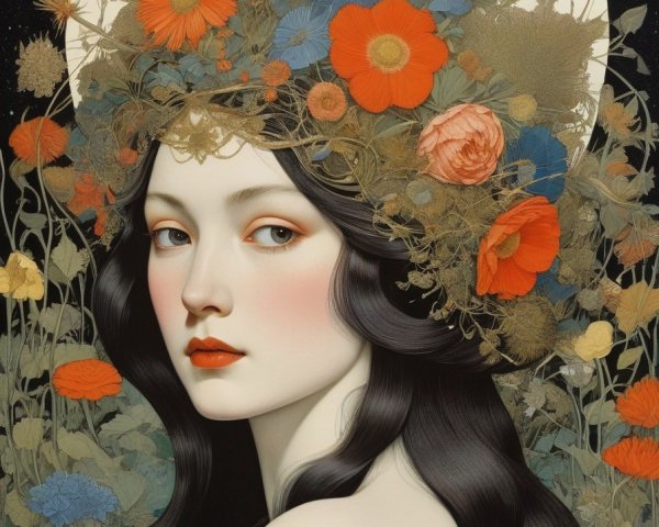 Serene Woman with Floral Crown in Starry Background
