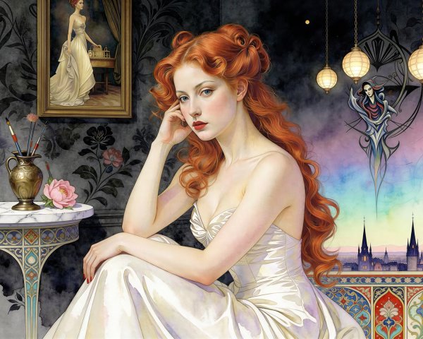 Watercolor Painting of a Woman in a White Dress