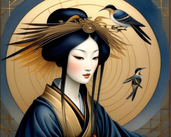 Traditional Asian Illustration of Elegant Woman and Birds