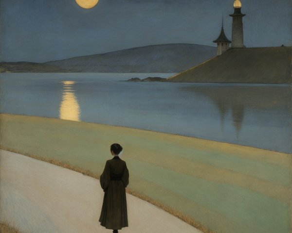 Twilight Shore with Moonlit Lake and Towering Hills