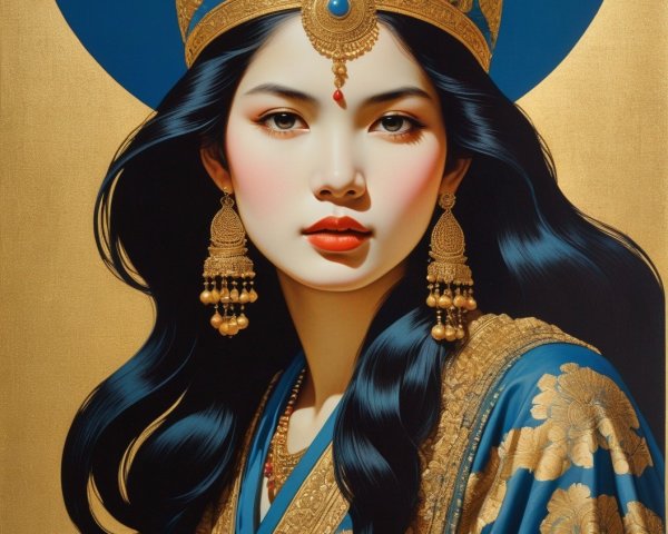 Portrait of a woman in traditional blue and gold attire