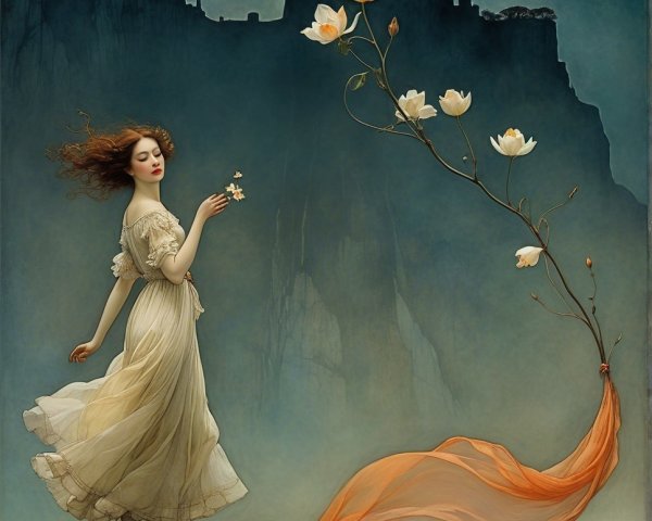 Whimsical Scene of Woman with Flowers and Ribbons