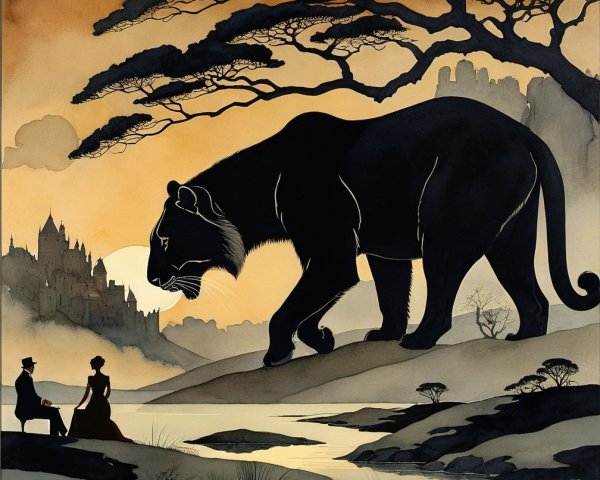 Silhouette Art of Tiger Over Serene Landscape Scene