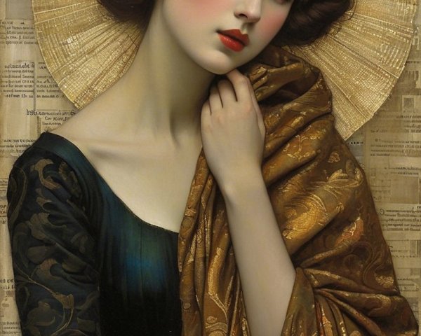 Woman with Serene Expression in Ornate Dress and Halo