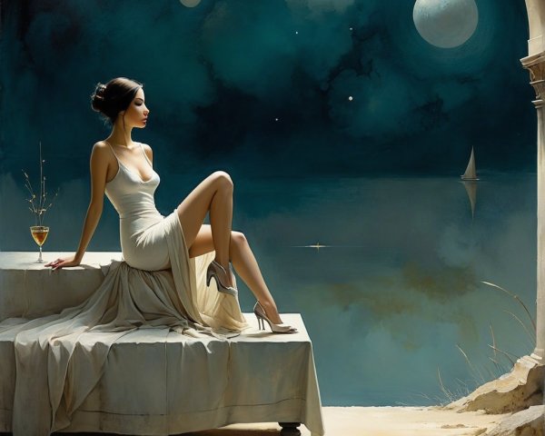 Woman in White Dress by Tranquil Sea at Night