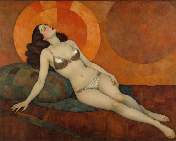 Art Deco Painting of Woman Reclining in Silver Bikini
