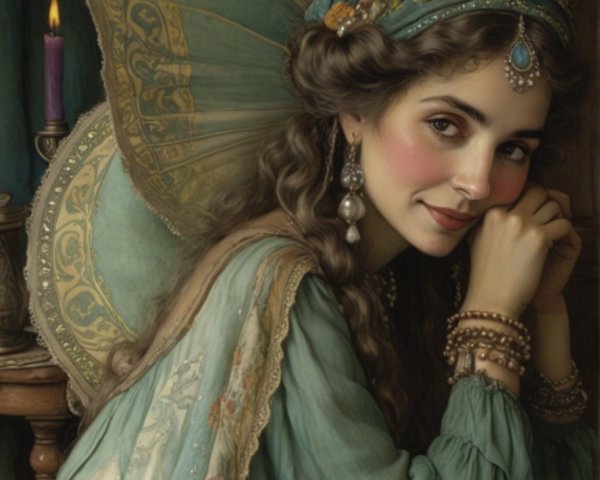 Serene Young Woman with Butterfly Wings and Candlelight
