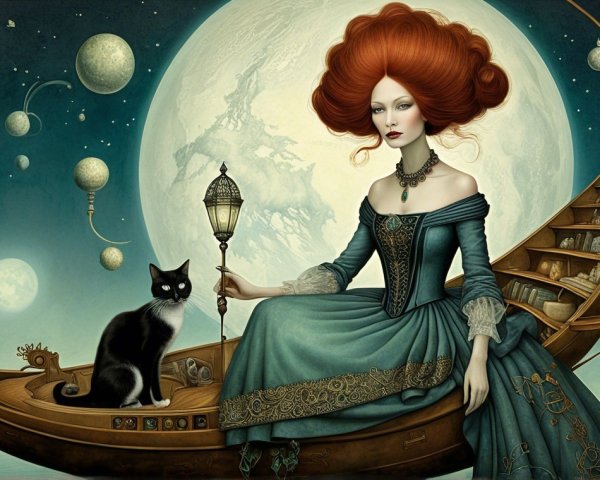 Woman in blue gown on whimsical boat with cat