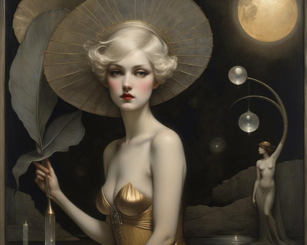 Elegant Woman with Fan in Mystical Moonlit Scene