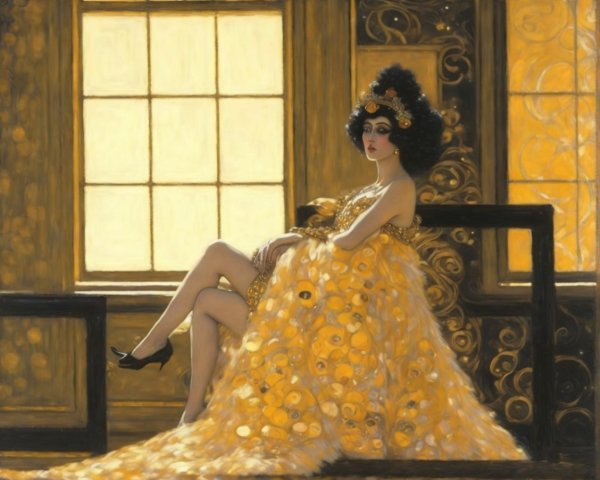 Elegant figure in golden gown on a luxurious bench