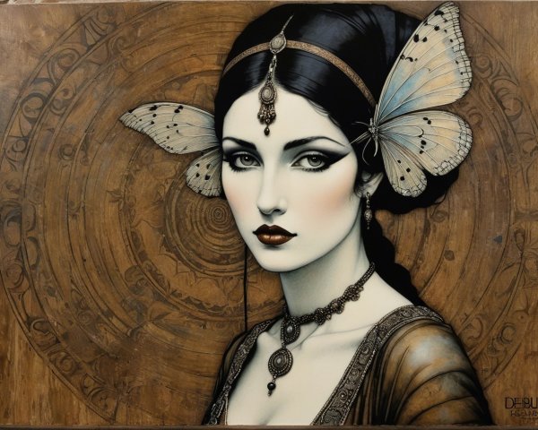 Ethereal woman with butterfly wings and jewelry details
