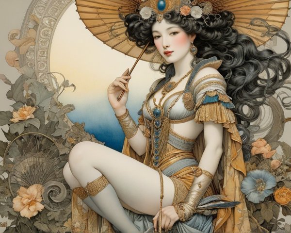 Adorned Woman with Ornate Parasol in Serene Setting