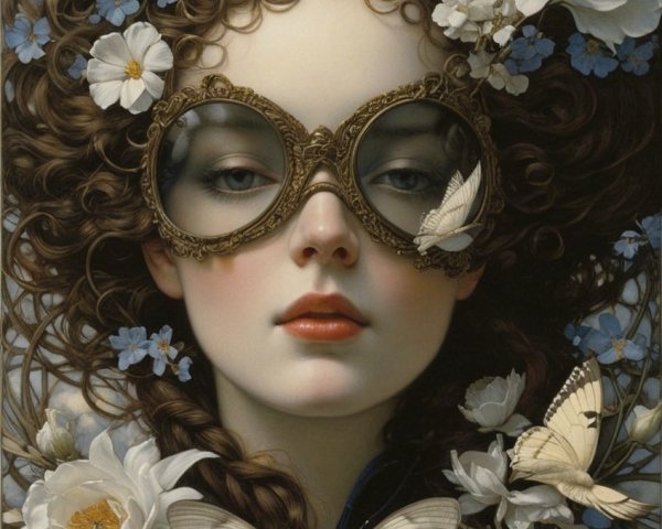 Serene portrait of a woman with goggles and flowers