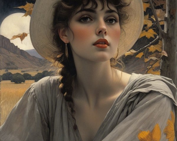 Young woman in straw hat with floral details in landscape