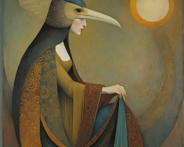 Woman with Birdlike Head in Mystical Artwork