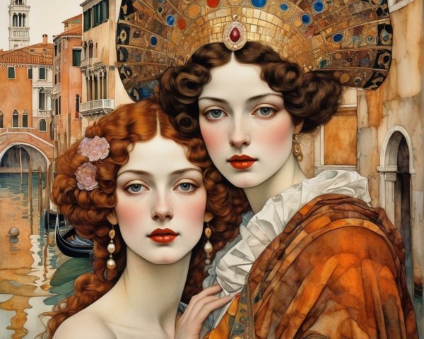 Intricately detailed women with pre-Raphaelite style hair by Venetian canal