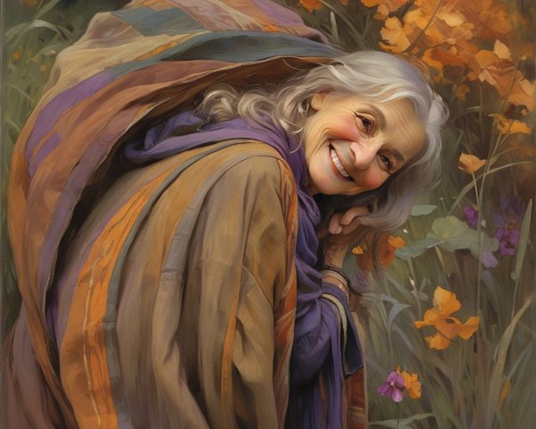 Elderly Woman Smiling in Vibrant Flower Garden