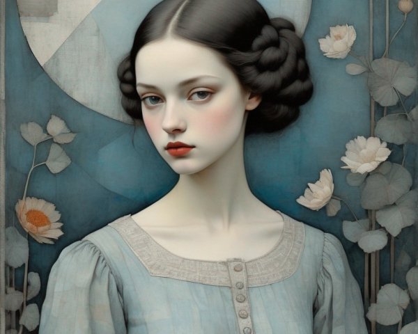 Portrait of young woman with braided hair, pale skin, rosy cheeks, geometric moon, and