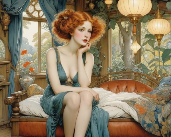 Vintage Room with Young Woman in Teal Dress