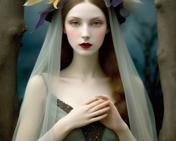 Woman in Sheer Veil Surrounded by Autumn Trees