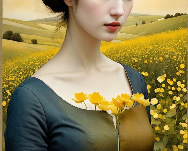 Serene Young Woman in Vibrant Yellow Flower Field
