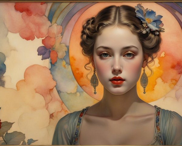 Serene Young Woman with Blue Flower and Pastel Background