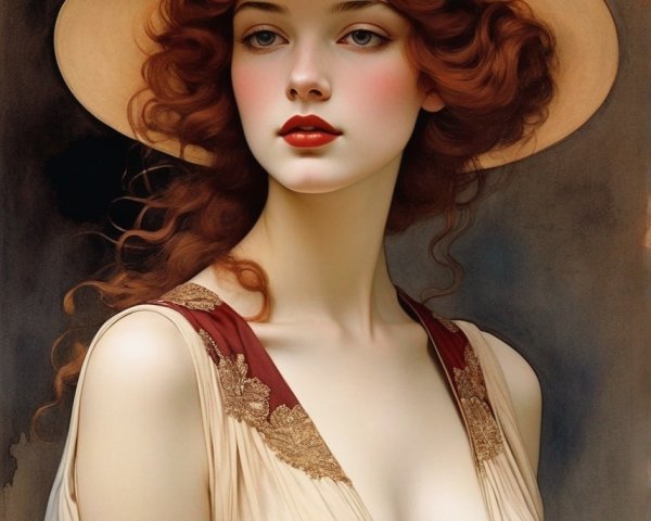 Portrait of woman with auburn hair in wide-brimmed hat and cream dress