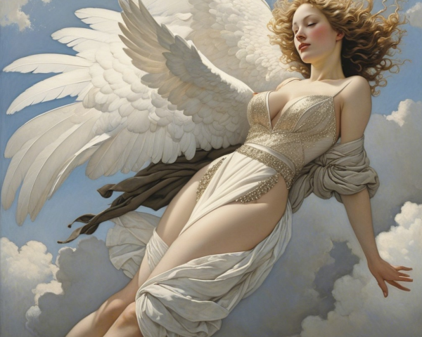 Celestial Figure Descending Through Cloudy Sky
