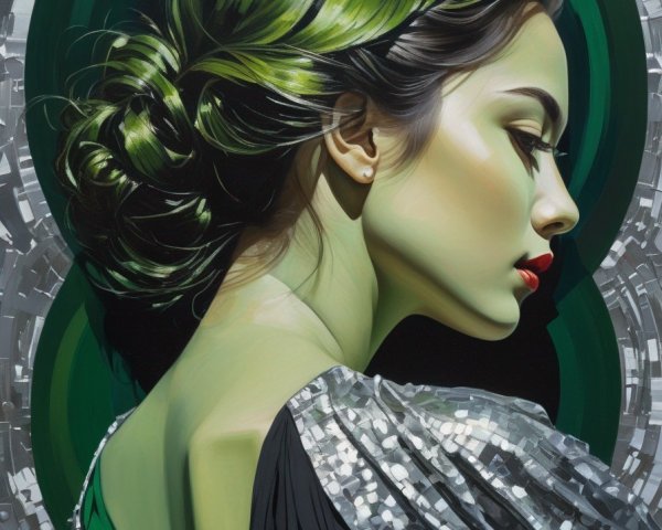 Profile of woman with green hair & red lips on abstract background