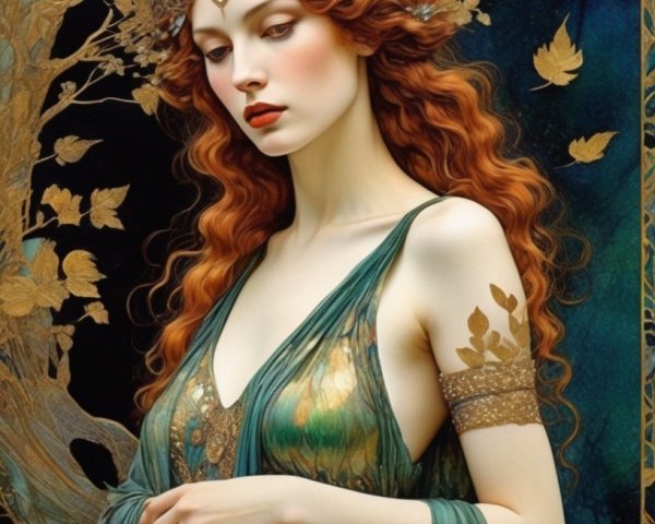 Woman with Flowing Red Hair and Golden Leaves in Green Dress