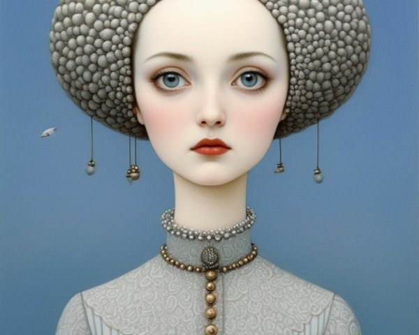 Illustration of a woman with pearl headdress and jewelry