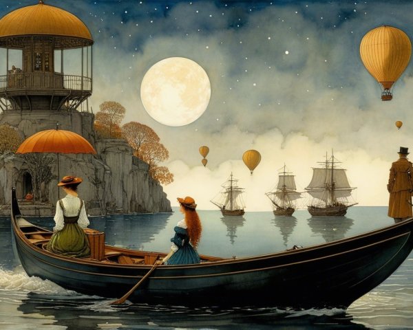 Tranquil Waterway Scene with Vintage Boat and Balloons