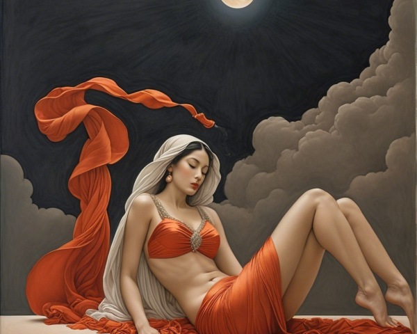 Serene figure in flowing orange under a full moon
