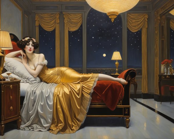 Glamorous Woman in Opulent Bedroom with Starry Sky