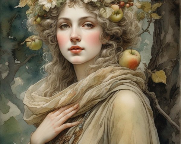 Portrait of woman with apple wreath, curly hair, cream shawl, set against apple tree.