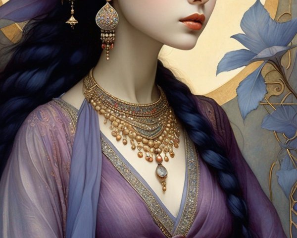 Digital Artwork: Woman with Pale Skin, Blue Headband, Gold Jewelry, Purple Outfit,