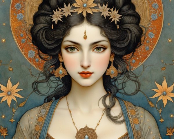 Serene woman with floral patterns and ornate halo