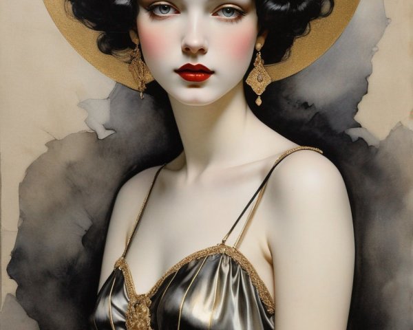Art Deco Woman with Porcelain Skin and Golden Halo