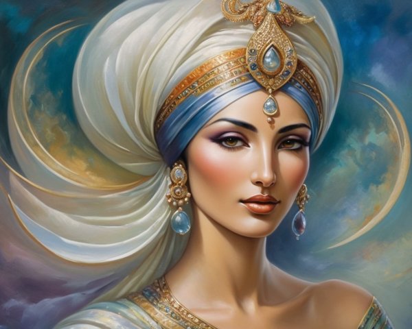 Elegant woman in elaborate headdress with jewels