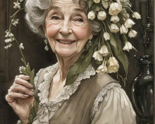 Elderly Woman in Floral Headpiece in Rustic Setting