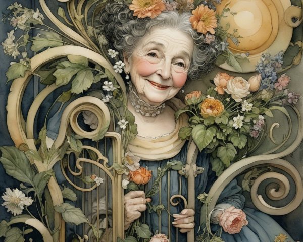 Elderly Woman with Lyre in Floral Motif Setting