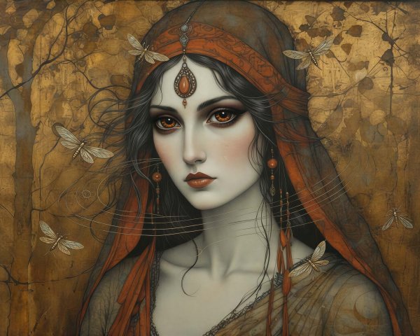 Fantasy Portrait of a Woman with Amber Eyes and Headscarf