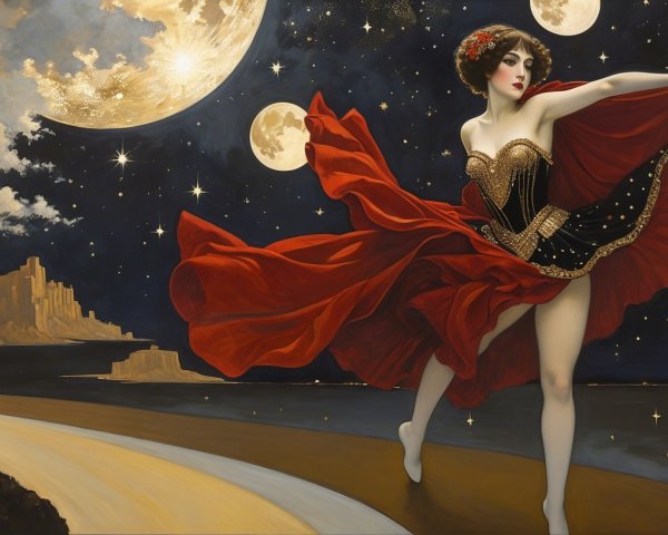 Dancer in Red Dress Against Cosmic Background